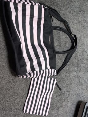 Victorias Secret Striped Tote Bag with Matching Pouch - Black & Light Pink